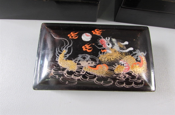 Set of 5 Black Lacquer Dragon Chinese Nesting Boxes