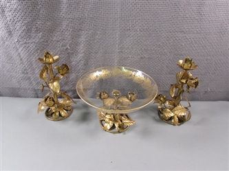 Vintage Hollywood Regency Gold Gilt Rose Candle Holders and Bowl