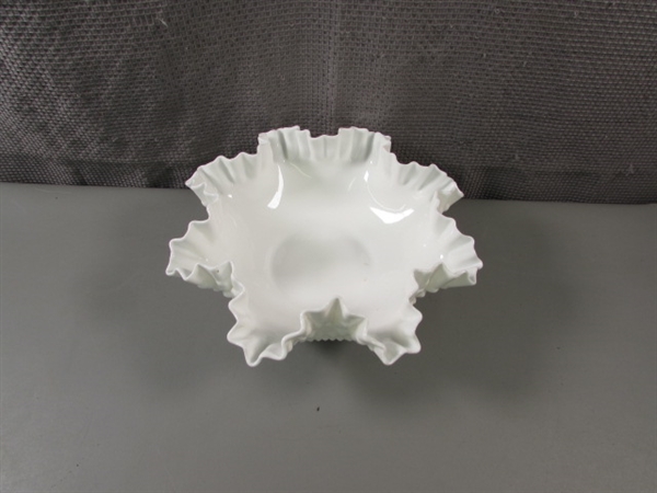 Vintage Milkglass Hobnail Ruffled Edge Bowl