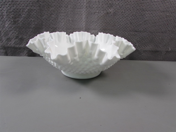 Vintage Milkglass Hobnail Ruffled Edge Bowl