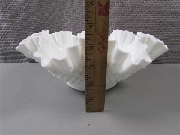 Vintage Milkglass Hobnail Ruffled Edge Bowl