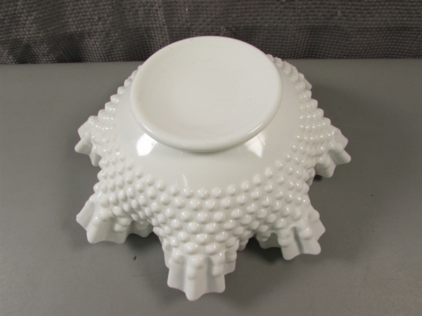 Vintage Milkglass Hobnail Ruffled Edge Bowl