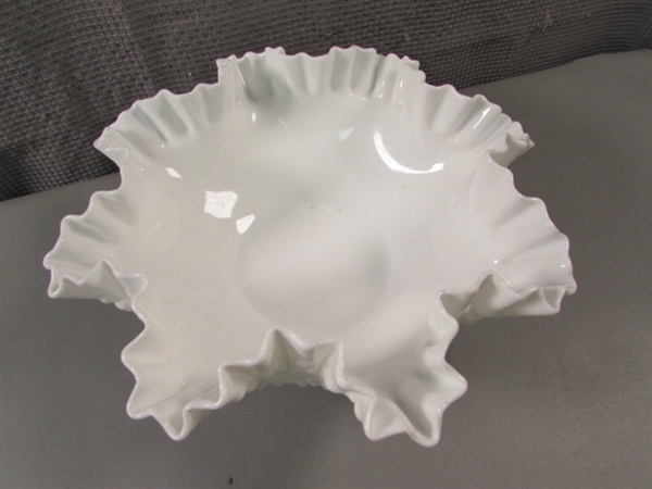 Vintage Milkglass Hobnail Ruffled Edge Bowl