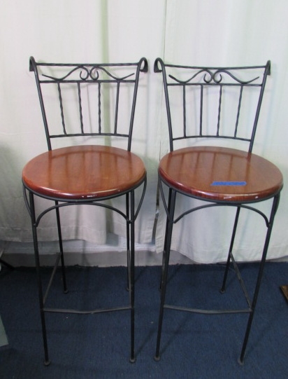 Pair of Metal Barstool Chairs w/Wood Seats