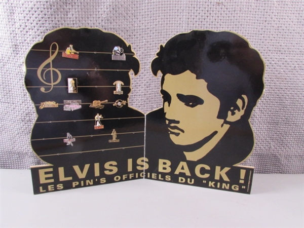 Vintage Collection of Elvis Presley Pins With Cutout Display.