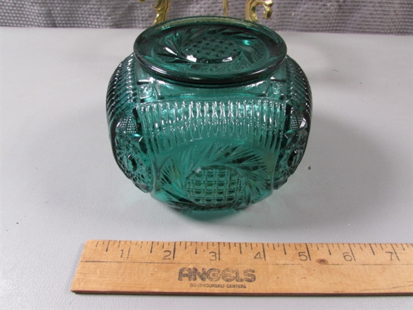 Green Glass Bowl W/Brass Base & Ceramic Girl Watering