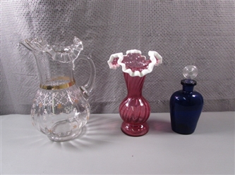 Cranberry Ruffled Vase, Painted Glass Pitcher and Bottle