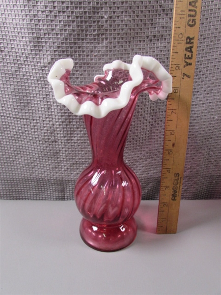 Cranberry Ruffled Vase, Painted Glass Pitcher and Bottle