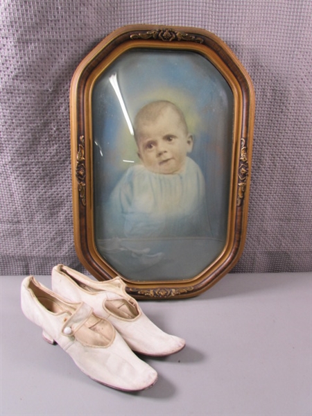 Antique Framed Bubble Glass Picture and Antique Shoes