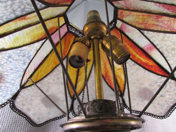 Antique B&H Oil Lamp W/Stained Glass Shade