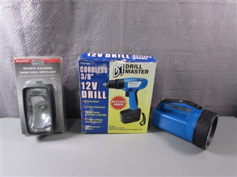 Cordless Drill, Handheld Spotlight, and Flashlight