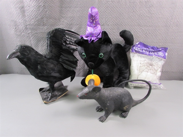 RAVEN, BLACK CAT, SPIDER WEBBING & RAT - HALLOWEEN DECOR