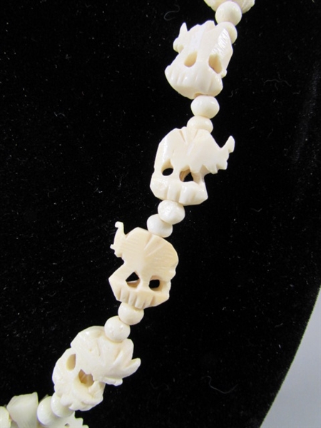 CARVED BONE ELEPHANT NECKLACE A WOOD LAPEL PIN