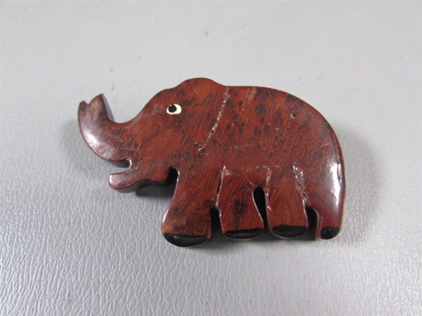 CARVED BONE ELEPHANT NECKLACE A WOOD LAPEL PIN