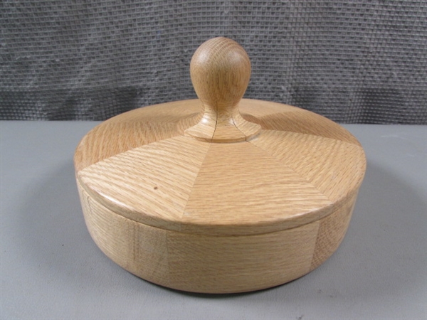 WOODEN SHADOW BOX, 2-TIER SERVER & BOWL WITH LID