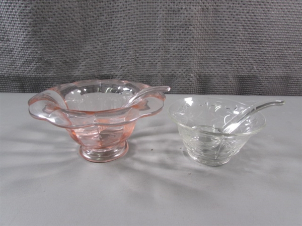 VINTAGE GLASS JELLY BOWLS WITH MATCHING SPOONS