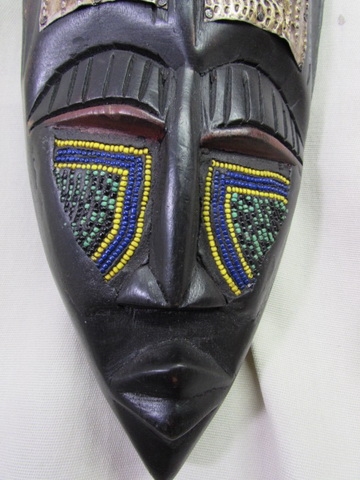 HAND CARVED WOODEN MASK WITH METAL & BEADS