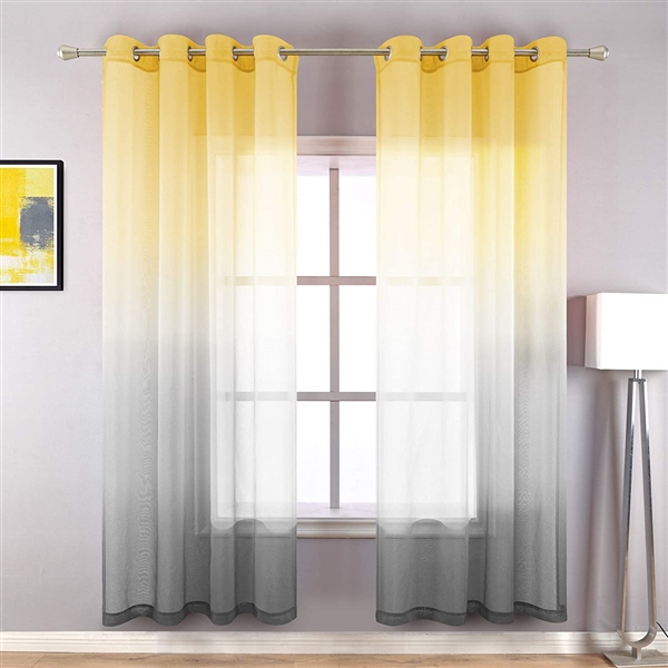 MELODIEUX 52 X 63 YELLOW/GRAY OMBRE SEMI SHEER ROD POCKET CURTAINS (PAIR)
