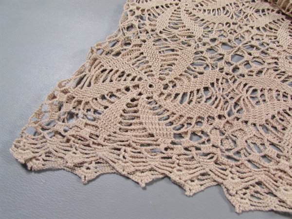 HAND CROCHETED TABLE COVER IN LT BROWN