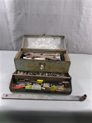 OLD METAL TOOLBOX W/WRENCHES, SOCKETS & MORE