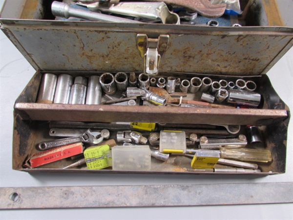 OLD METAL TOOLBOX W/WRENCHES, SOCKETS & MORE
