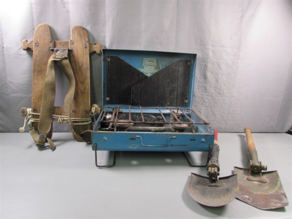 SEARS GAS STOVE, FOLDING SHOVELS & WOODEN PACK