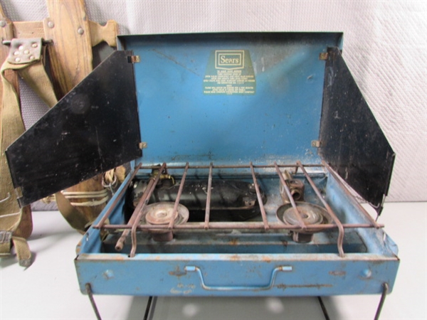 SEARS GAS STOVE, FOLDING SHOVELS & WOODEN PACK