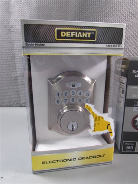ELECTRONIC DEADBOLT, LED BULBS & DOOR SECURITY BRACE