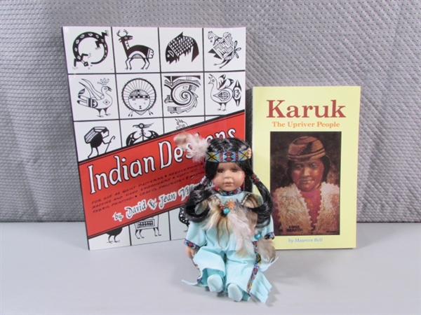 PORCELAIN NATIVE AMERICAN DOLL, KARUK BOOK & BOOK OF INDIAN DESIGNS