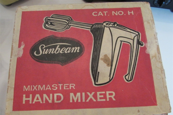 OSTERIZER BLENDER, TOASTER, SUNBEAM HAND MIXER AND CAN OPENER.
