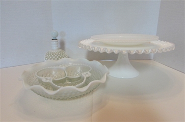 VINTAGE MILK GLASS CAKE PLATE, CANDY DISH , PLATES AND BOWL