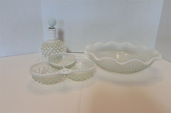 VINTAGE MILK GLASS CAKE PLATE, CANDY DISH , PLATES AND BOWL