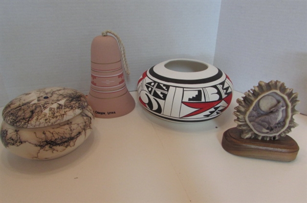 NATIVE AMERICAN POTTERY BELL AND WOLF FIGURINE