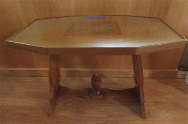 VINTAGE AIRPLANE ETCHED WOOD TABLE WITH GLASS