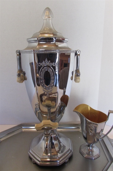 VINTAGE PERCOLATOR, TRAY AND CANDY DISH