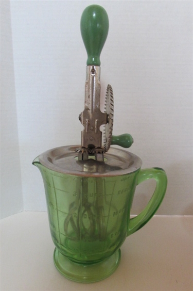 VINTAGE MEASURING CUP WITH MIXER, AND ADDITIONAL KITCHENWARE