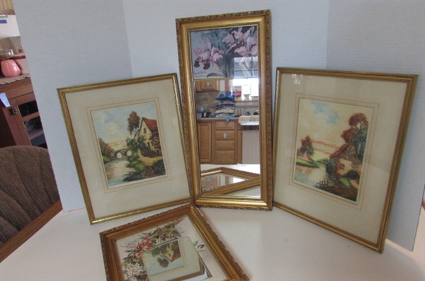 2 WATER COLOR PRINTS AND 2 ROSE FRAMED MIRRORS