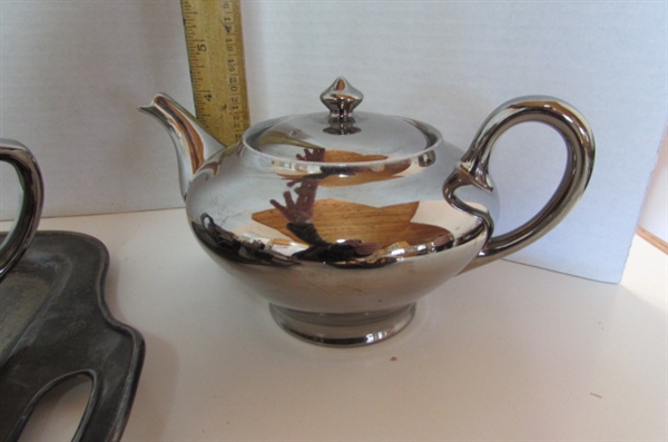 VINTAGE TEA SERVICE WITH GOLD TONE LINING AND SILVER PLATED TRAY