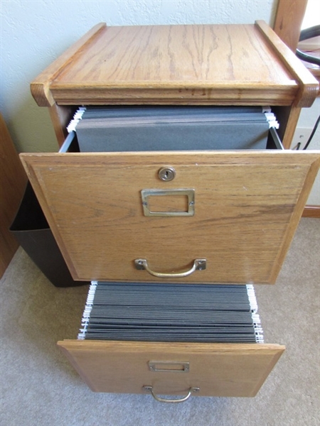 OAK FILING CABINET AND PORTABLE PLASTIC FILING BOXES