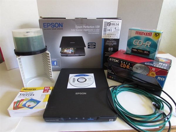 EPSON PERFECTION V39 SCANNER AND SUPPLY OF WRITABLE CD-DVD'S, SLEEVES AND SLIM CASES