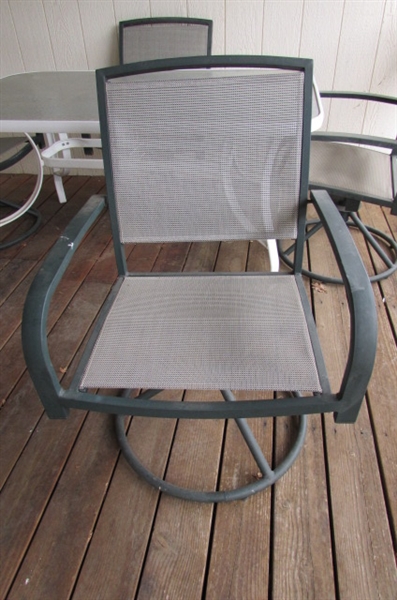 WHITE PATIO TABLE & FOUR SWIVEL PATIO CHAIRS