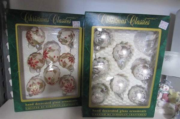 FROSTED CHRISTMAS DECORATIONS, ICICLE AND GLASS ORNAMENTS