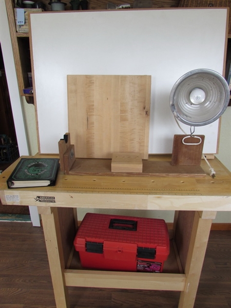 WOODEN WORK BENCH, TOOLBOX, JIG & MORE