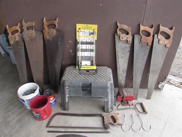 COLLECTION OF SAWS AND STEP WITH TOOL BOX