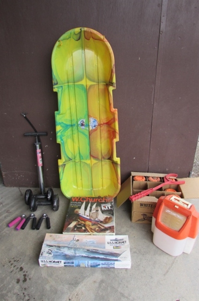 MISC LOT! WEIGHTS, SNOW SLED, PLANO TROLL BUCKET, CLAY TARGETS