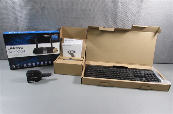 ROUTER, GAMING KEYBOARD, WEBCAM & POWER ADAPTER