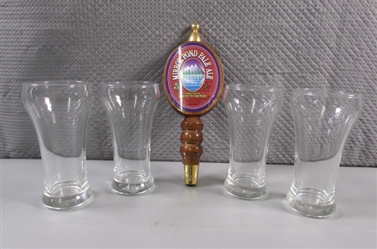 MIRROR POND BEER TAP HANDLE & 4 BEER GLASSES