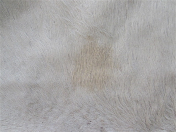 LARGE WHITE ANIMAL HIDE AND LITTLE COW FOOTSTOOL.