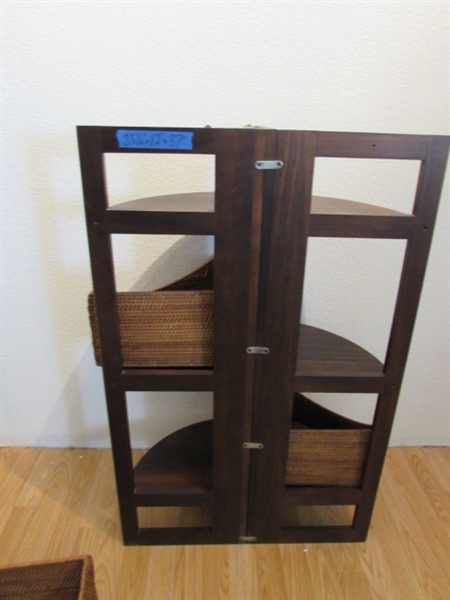 SHELVING UNIT, LAMP AND WOOD SIDE TABLE WITH WOOD TURNED BOWL