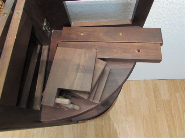 SHELVING UNIT, LAMP AND WOOD SIDE TABLE WITH WOOD TURNED BOWL